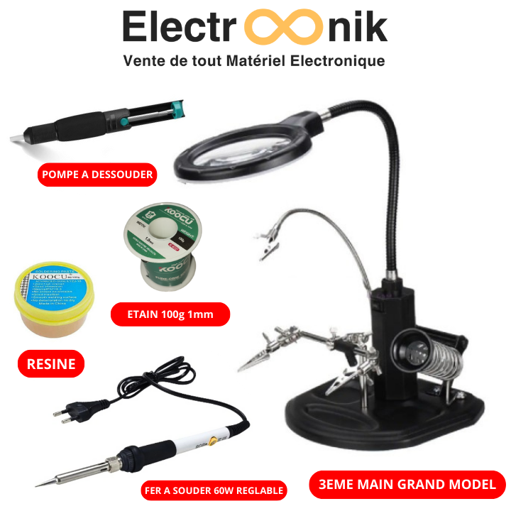 Pack de Réparation Électronique Complet – Fer à Souder 60W, Étain, Flux, Pompe à Dessouder & 3ème Main avec Lampe